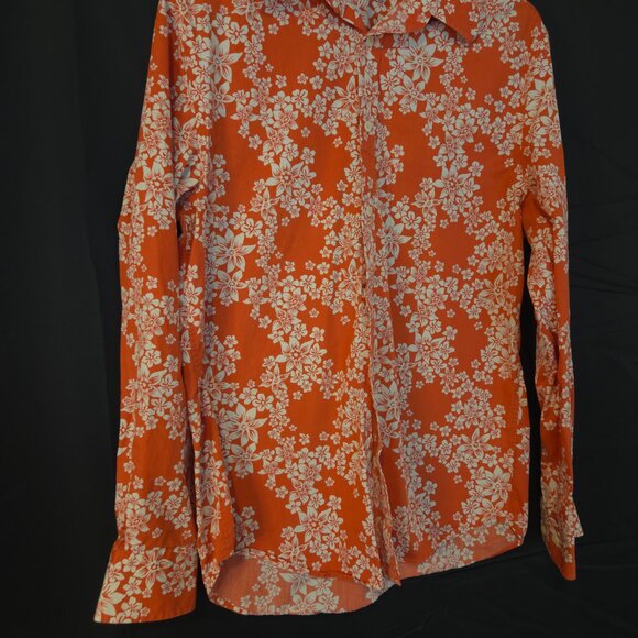 Express Men’s Long Sleeve Size S Dress Shirt  Orange W White Flowers Button Up - Picture 3 of 9